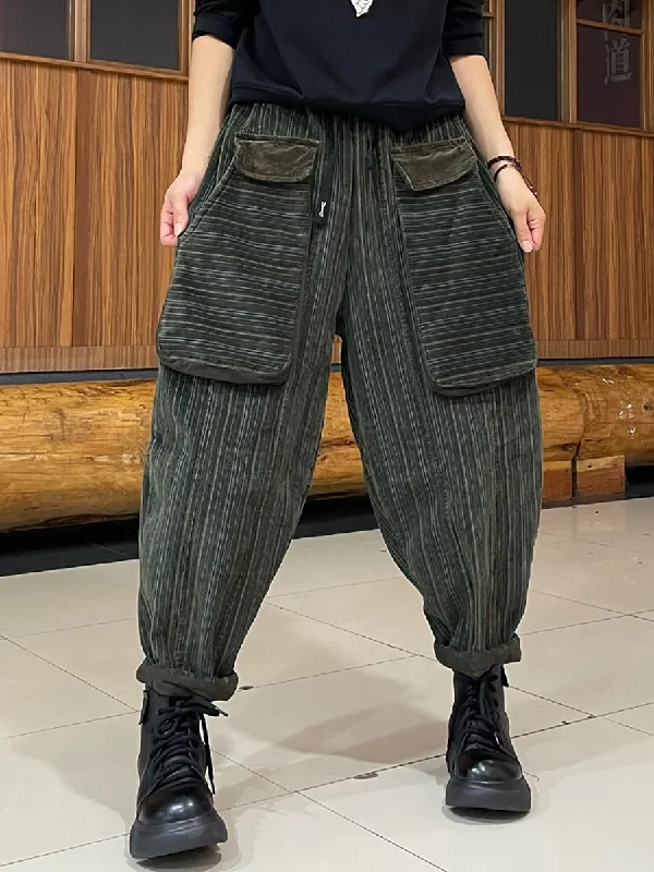 Women Retro Stripe Thicken Corduroy Harem Pants